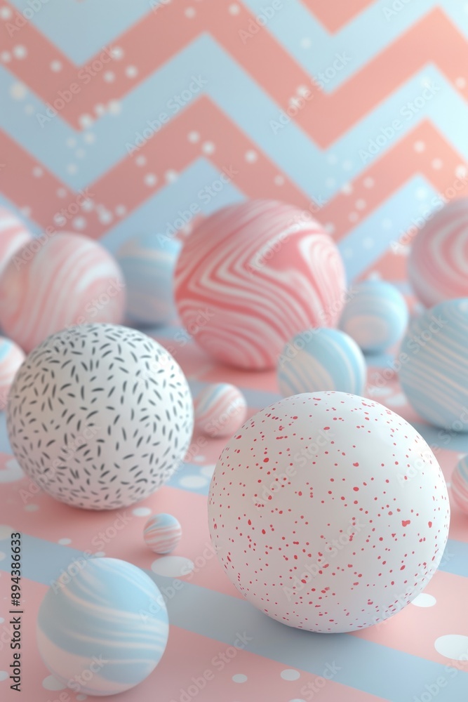 Varied pastel spheres with playful patterns on a chevron pink background Varied pastel spheres with playful patterns on a chevron pink background