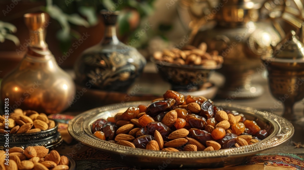 This image features a selection of Middle Eastern sweets and spices, including nuts and candies. The presentation is ornate and luxurious, suggesting a special occasion or celebration. This image features a selection of Middle Eastern sweets and spices, including nuts and candies. The presentation is ornate and luxurious, suggesting a special occasion or celebration.