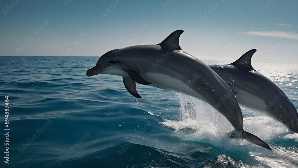 Fototapeta premium Dolphins swimming smoothly in the crystal-clear water