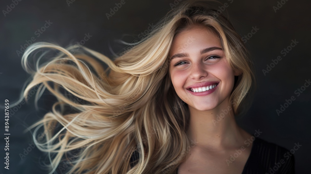 A cheerful and confident young woman with blonde hair, smiling brightly. She is wearing a casual top and has her hair flowing in the breeze. A cheerful and confident young woman with blonde hair, smiling brightly. She is wearing a casual top and has her hair flowing in the breeze.