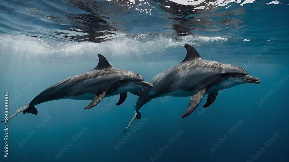 Obraz premium Dolphins riding the crest of a wave together in harmony