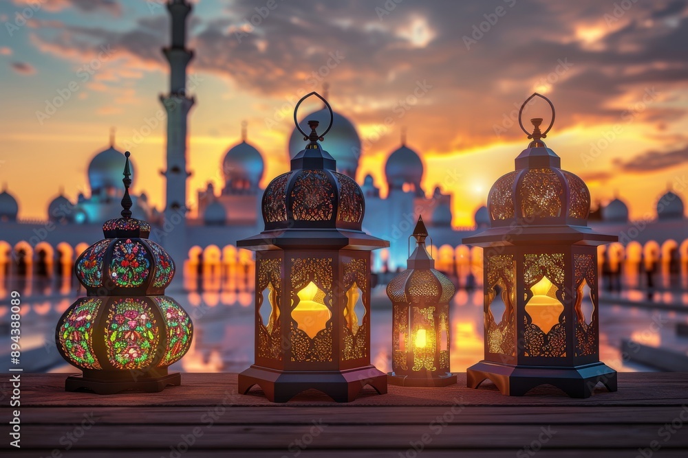 A collection of intricately designed traditional lanterns glowing against a beautiful sunset backdrop A collection of intricately designed traditional lanterns glowing against a beautiful sunset backdrop
