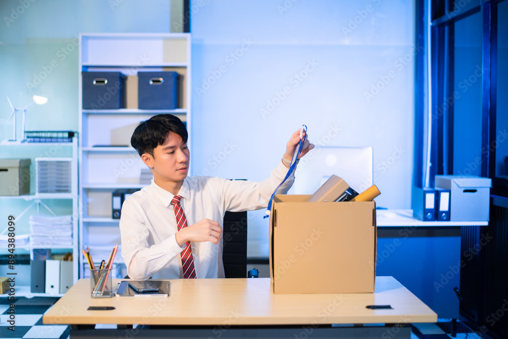 Asian male professional packing office belongings in a box, representing themes of resignation, new job, or relocation. Office, job, career change Asian male professional packing office belongings in a box, representing themes of resignation, new job, or relocation. Office, job, career change