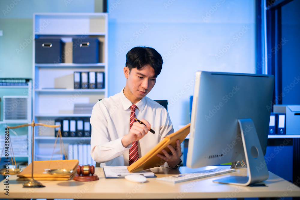 Young Asian lawyer at desk with legal scales and gavel, writing documents in office, offering legal services Young Asian lawyer at desk with legal scales and gavel, writing documents in office, offering legal services