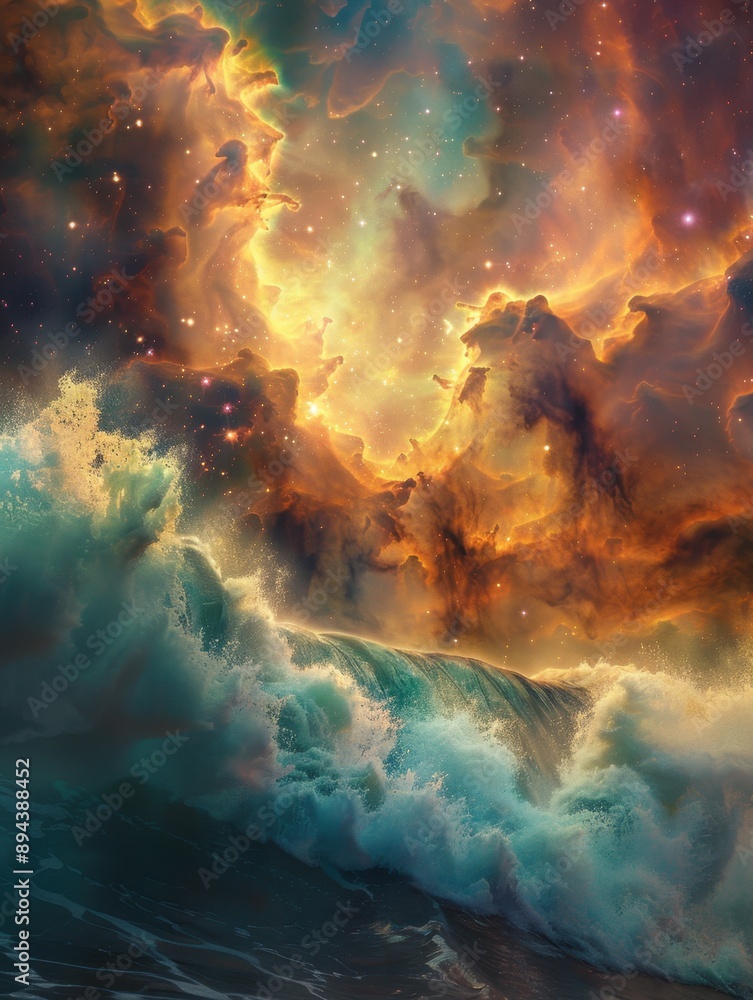 Artistic blend of ocean waves and space, with vibrant colors and celestial bodies. Artistic blend of ocean waves and space, with vibrant colors and celestial bodies.
