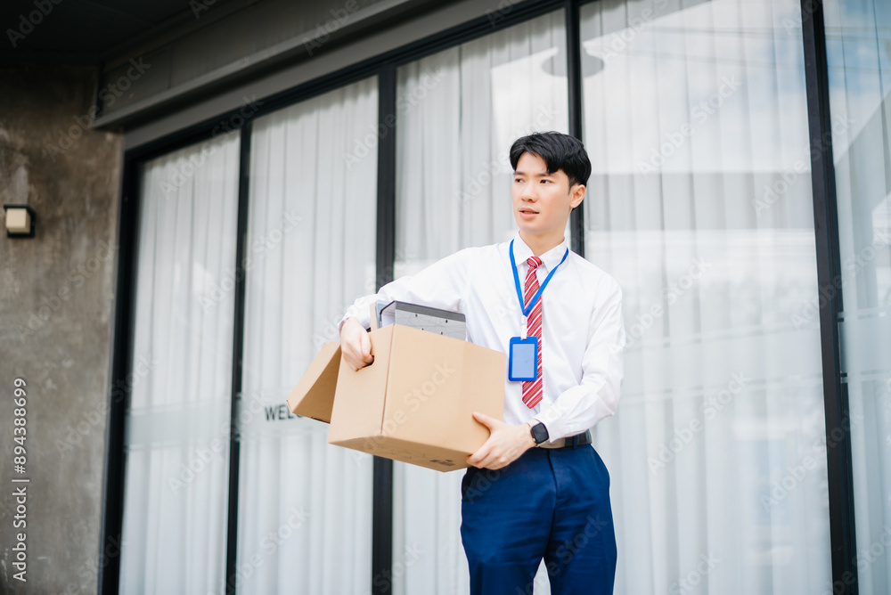 Businessman sitting outside the office with a box of belongings, reflecting on job loss. Capturing the emotional impact and reality Businessman sitting outside the office with a box of belongings, reflecting on job loss. Capturing the emotional impact and reality