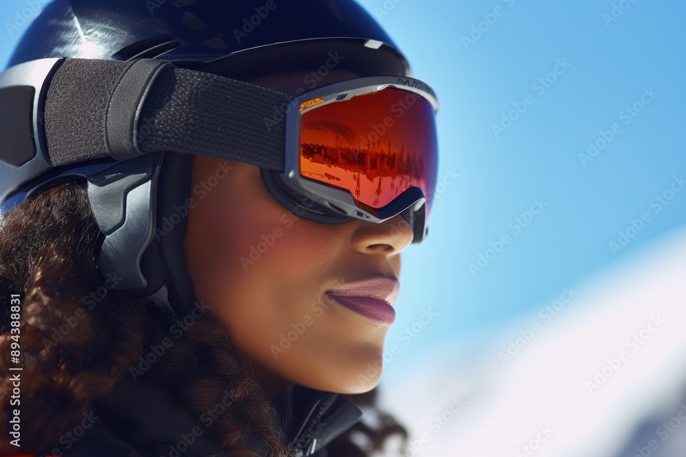 Young woman with skis and snowboard goggles on, ready for action on the mountain. Young woman with skis and snowboard goggles on, ready for action on the mountain.