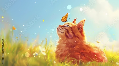 A hand-drawn animated scene of a red fluffy cat sitting on the grass in very sunny weather and a bright beautiful butterfly sitting on his nose