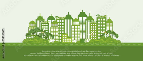Green building Eco-friendly building in the modern city. urban environment concept. Ecology and green living in city, ESG, renewable energy. Green vector illustration