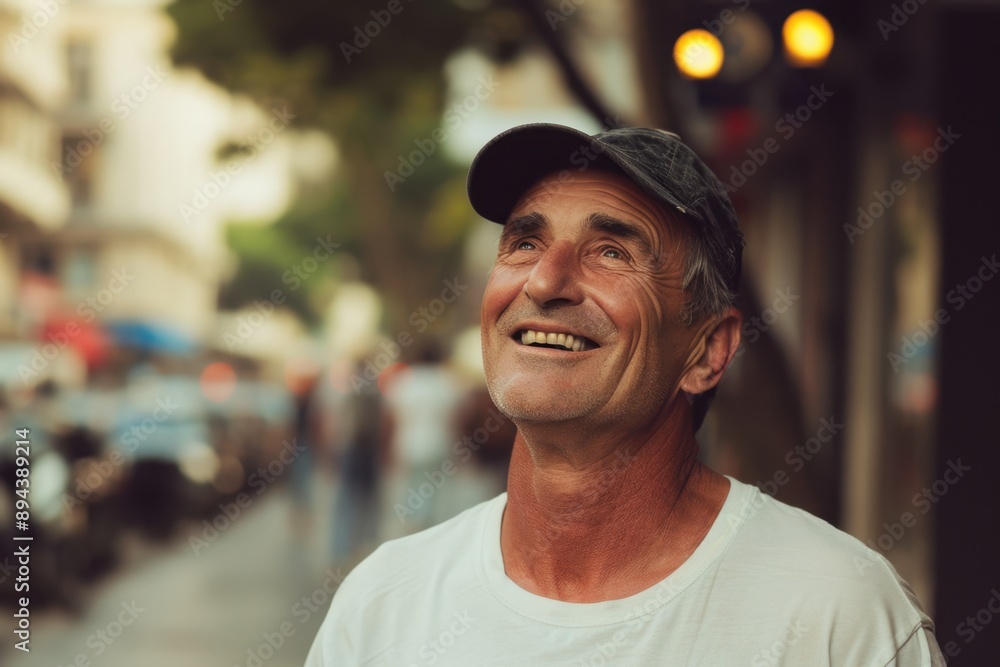Smiling old man in street with background blur, possibly outdoors Smiling old man in street with background blur, possibly outdoors