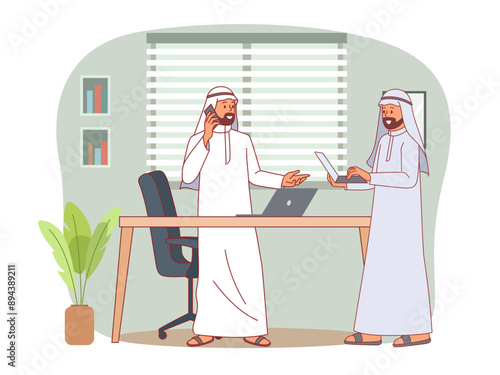 Business meeting. Arabic men in office, people communicate using devices, successful teamwork, saudi guys, national clothes, muslim traditional clothes, cartoon flat isolated vector concept