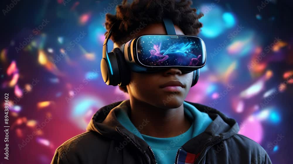 Young dark skinned guy wearing virtual reality goggles. Young man using virtual reality helmet touching the air in neon lights. Augmented reality, a concept of future technology. Young dark skinned guy wearing virtual reality goggles. Young man using virtual reality helmet touching the air in neon lights. Augmented reality, a concept of future technology.