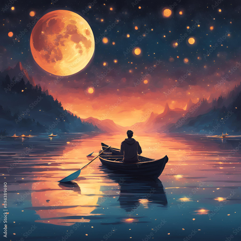 boat floats in the middle of a body of water under a starry night sky ...