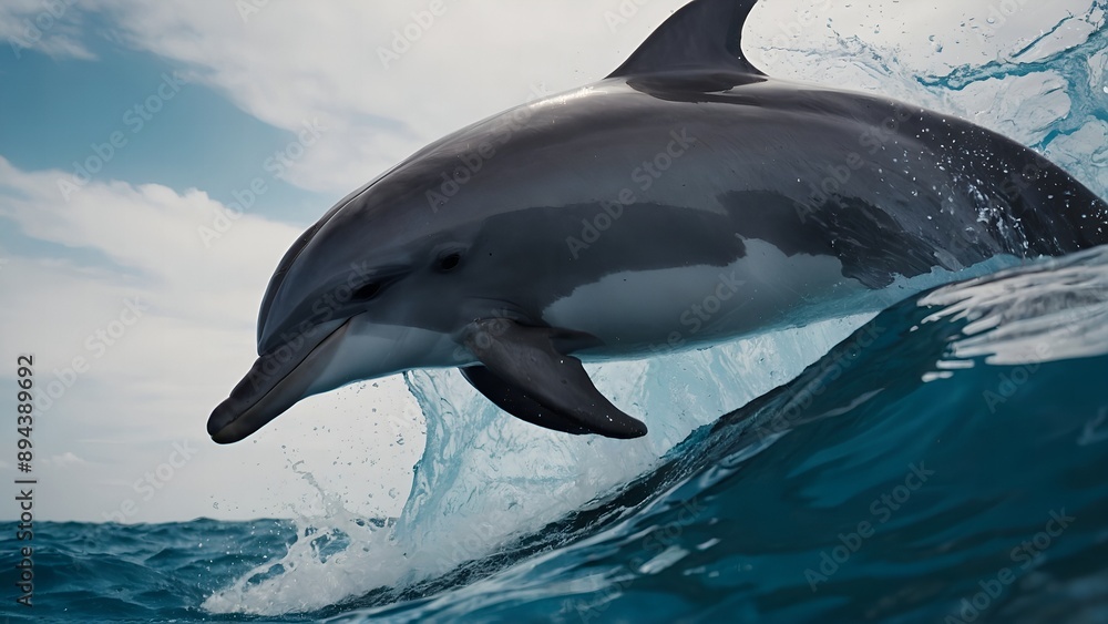 Fototapeta premium Dolphins creating beautiful water trails as they swim together in harmony