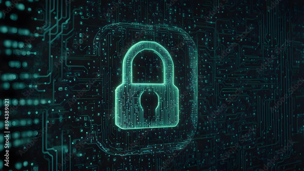 Cyber security and data protection concept. Padlock on circuit board background. 3D Rendering Cyber security and data protection concept. Padlock on circuit board background. 3D Rendering