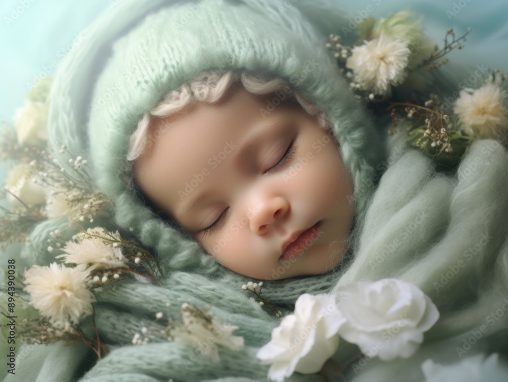 The image portrays a serene scene of an adorable newborn baby, swathed and sleeping peacefully, wrapped in softness and love. The image portrays a serene scene of an adorable newborn baby, swathed and sleeping peacefully, wrapped in softness and love.