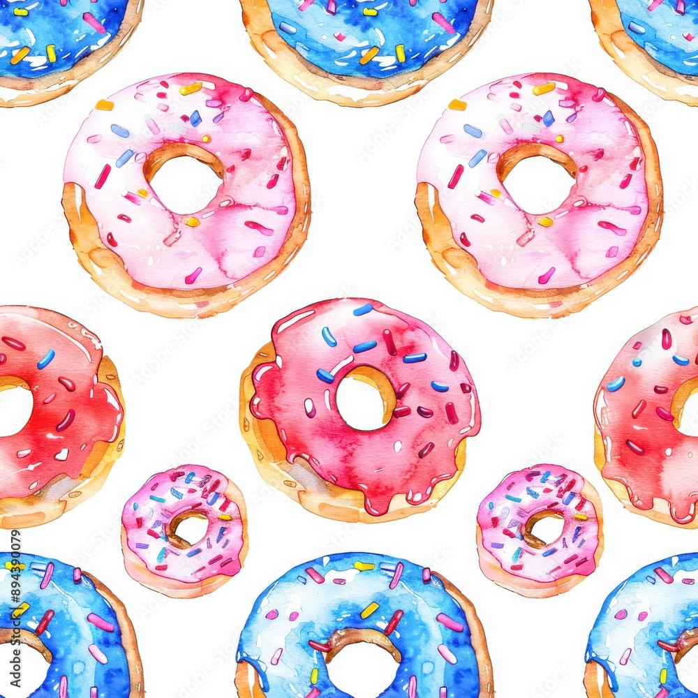 Watercolor donuts with sprinkles seamless repeating pattern, minimal pattern, high contrasty Watercolor donuts with sprinkles seamless repeating pattern, minimal pattern, high contrasty