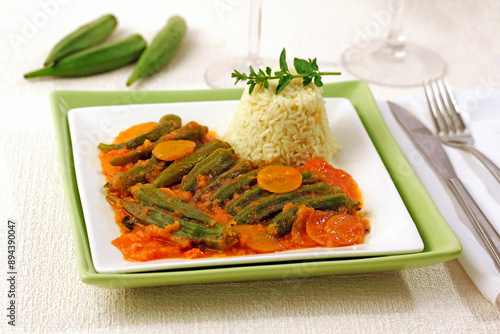 Okra with rice and curry.