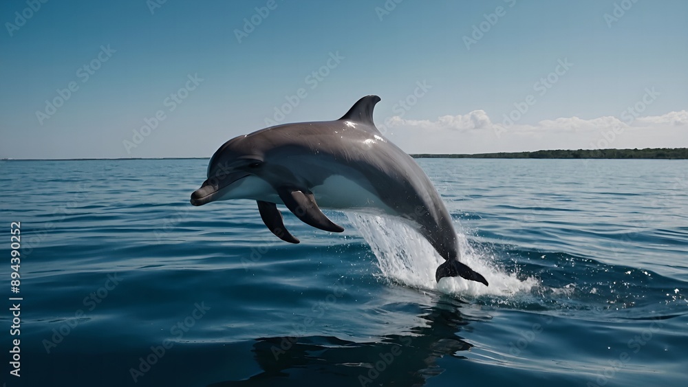 Fototapeta premium Dolphins making energetic twists and turns in the clear blue waves
