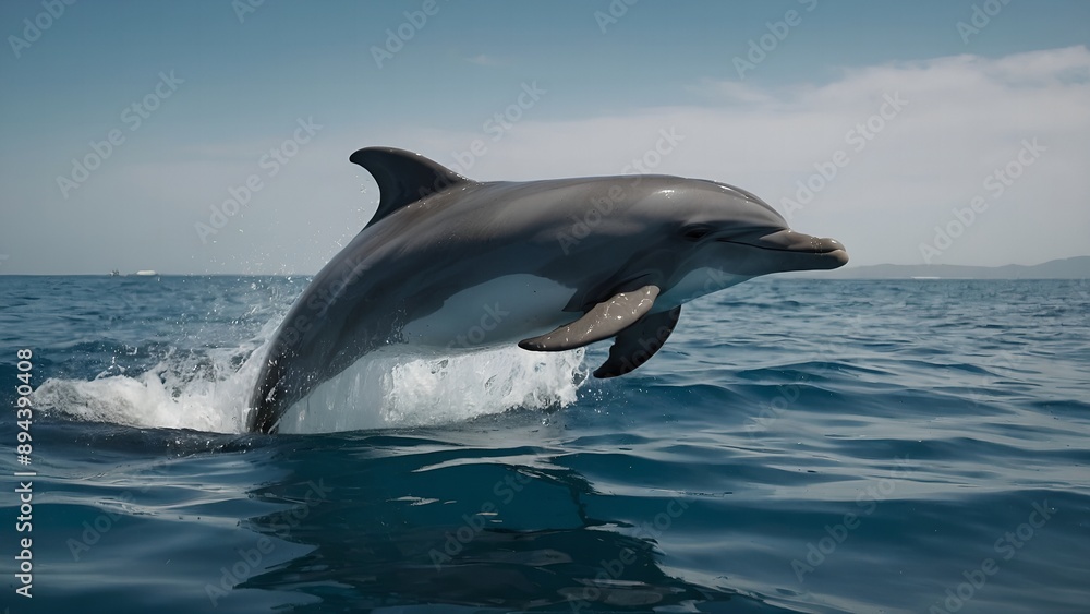 Fototapeta premium A dolphin emerging from the deep blue ocean with grace