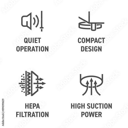 Robot vacuum cleaner icons in bold line - High suction, HEPA , Compact, Quiet