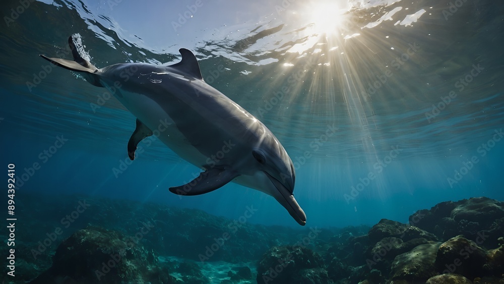 A dolphin breaching the water with a burst of energy A dolphin breaching the water with a burst of energy