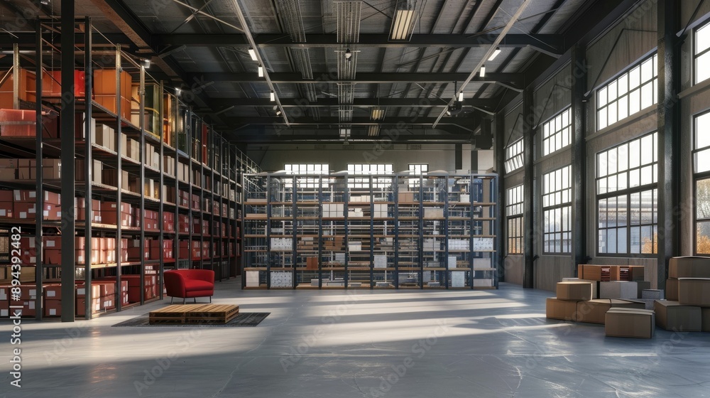 Industrial warehouse with goods stored in transparent containers Industrial warehouse with goods stored in transparent containers