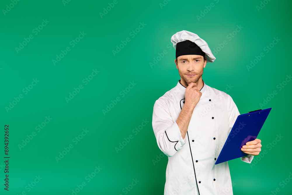 Handsome male chef in white uniform holding a clipboard on green backdrop. Handsome male chef in white uniform holding a clipboard on green backdrop.