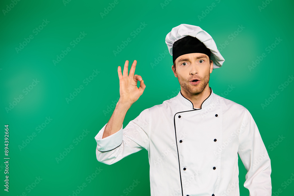Handsome male chef in white uniform making OK sign on green backdrop. Handsome male chef in white uniform making OK sign on green backdrop.