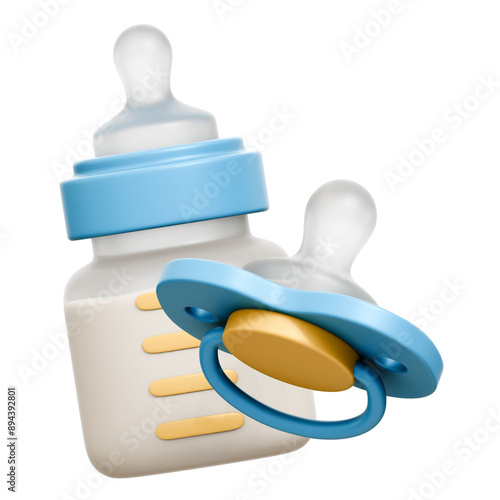 Baby Milk Bottle & Baby Pacifier 3D Rendering Icon Isolated Transparent Background	