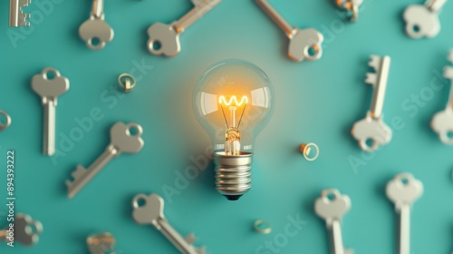 A metaphorical representation of a light bulb glowing brightly amidst a cluster of keys, symbolizing the illumination and discovery of innovative concepts and ideas. photo