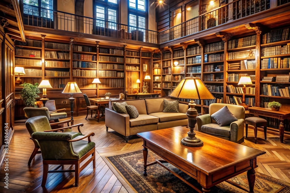 Cozy research library with neatly organized books, shelves, and wooden tables, surrounded by comfortable chairs, warm lighting, and vintage media equipment in the background. Cozy research library with neatly organized books, shelves, and wooden tables, surrounded by comfortable chairs, warm lighting, and vintage media equipment in the background.