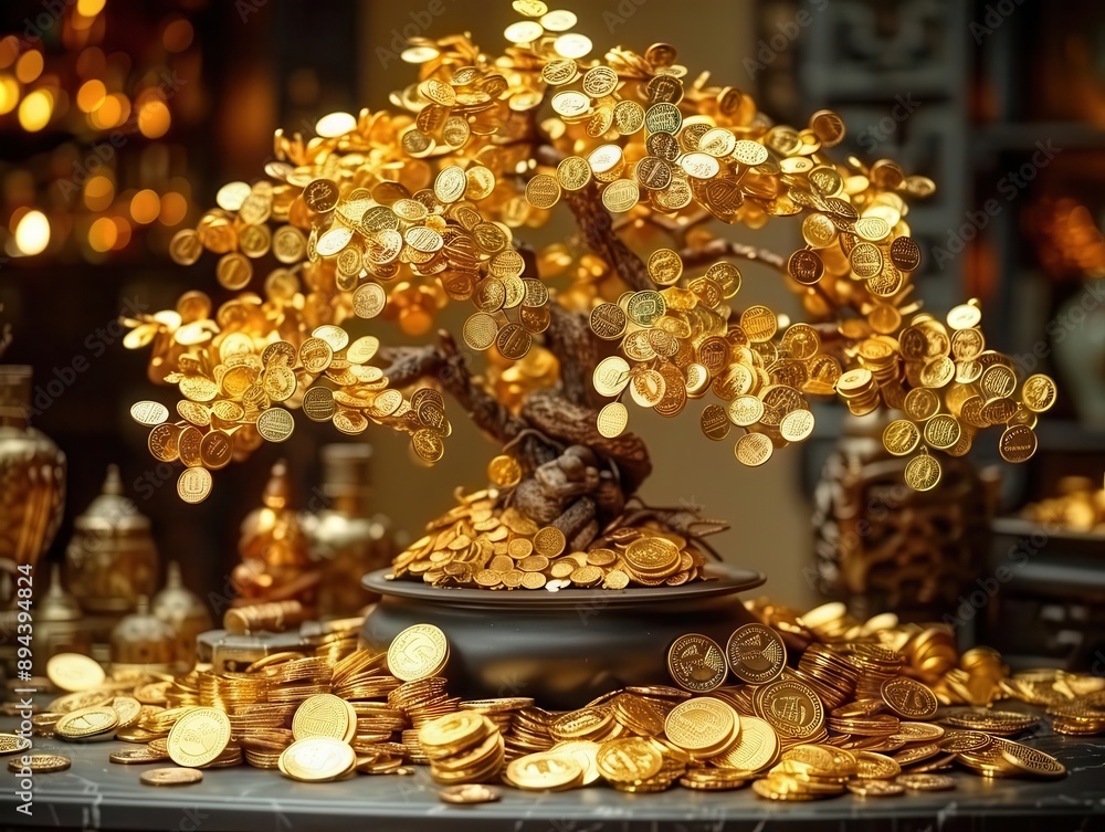 A beautiful golden tree decorated with coins, symbolizing wealth and prosperity, set in an enchanting atmosphere. A beautiful golden tree decorated with coins, symbolizing wealth and prosperity, set in an enchanting atmosphere.