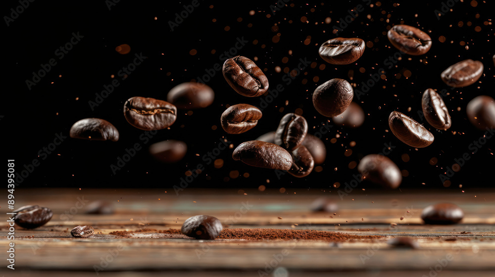 Coffee Beans Levitating Over Wooden Surface Coffee Beans Levitating Over Wooden Surface