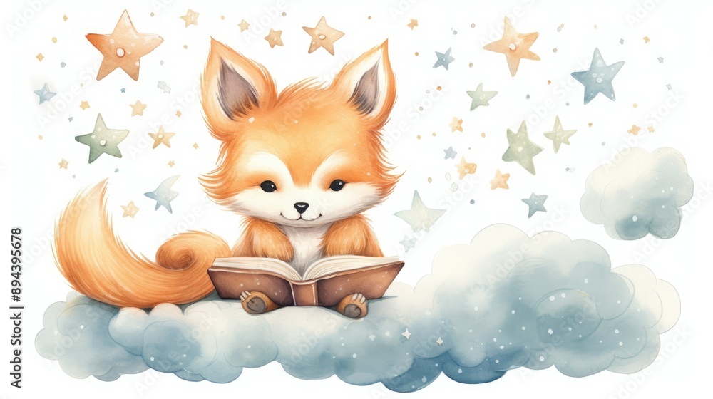 Obraz premium Cute fox reading a book on a cloud
