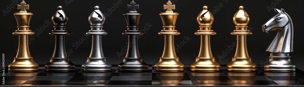 Gold and Silver Chess Pieces on Black Background Close-Up Gold and Silver Chess Pieces on Black Background Close-Up
