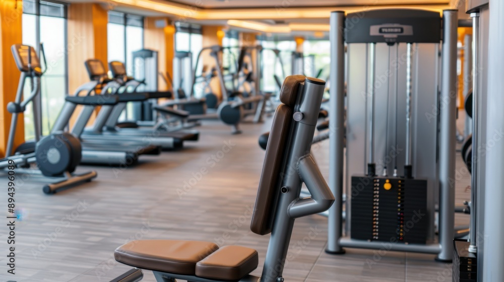 Obraz premium Futuristic Fitness Hub, a cutting-edge gym featuring automated equipment, sleek design, expansive layout, ideal for showcasing advanced training and wellness concepts.