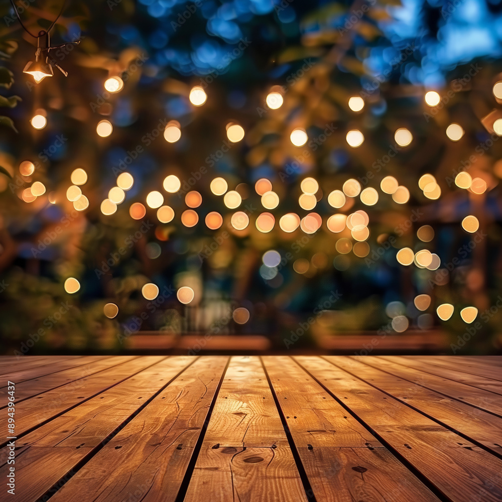 Wooden brown floor or terrace in the garden at night with blurred festive lights in the background. You can display your products or objects on the floor in a vintage style. Wooden brown floor or terrace in the garden at night with blurred festive lights in the background. You can display your products or objects on the floor in a vintage style.