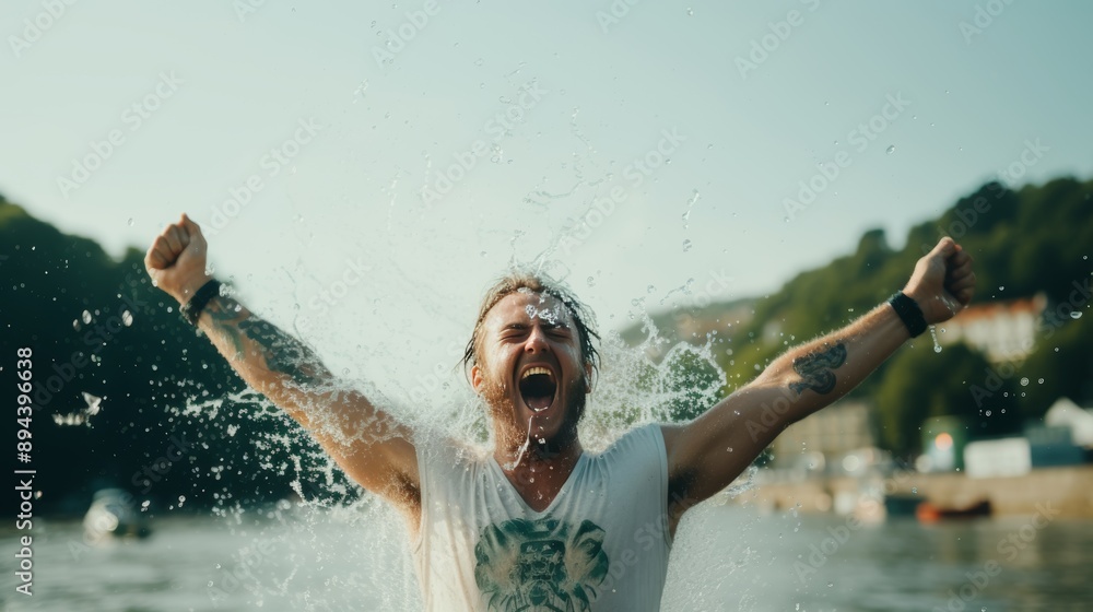 Fototapeta premium Man holds chilled beer can by river as water splashes under sunny skies in refreshing scene