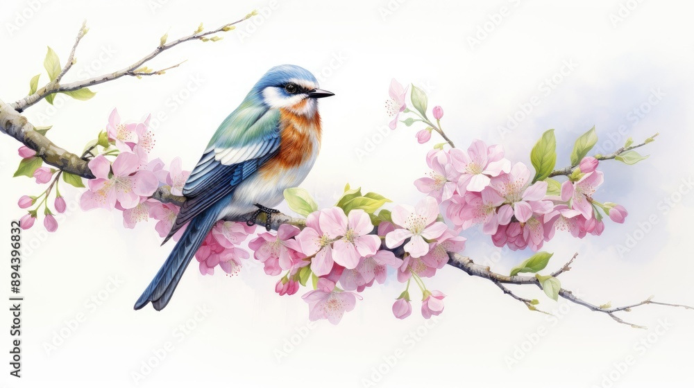 Fototapeta premium A beautiful bird perched on the branch of a cherry blossom tree