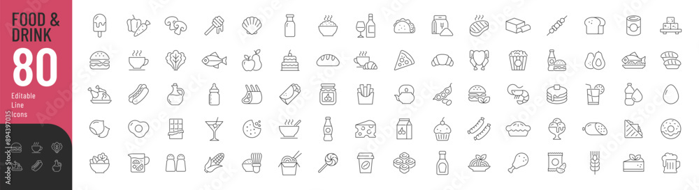Fototapeta Food and Drink Line Editable Icons set. Vector illustration in thin line style of nutrition related icons: vegetables, fruits, desserts, meat, baked goods, drinks, and more. Isolated on white.