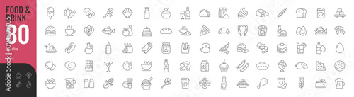 Food and Drink Line Editable Icons set. Vector illustration in thin line style of nutrition related icons: vegetables, fruits, desserts, meat, baked goods, drinks, and more. Isolated on white.