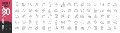 Fototapeta Food and Drink Line Editable Icons set. Vector illustration in thin line style of nutrition related icons: vegetables, fruits, desserts, meat, baked goods, drinks, and more. Isolated on white.