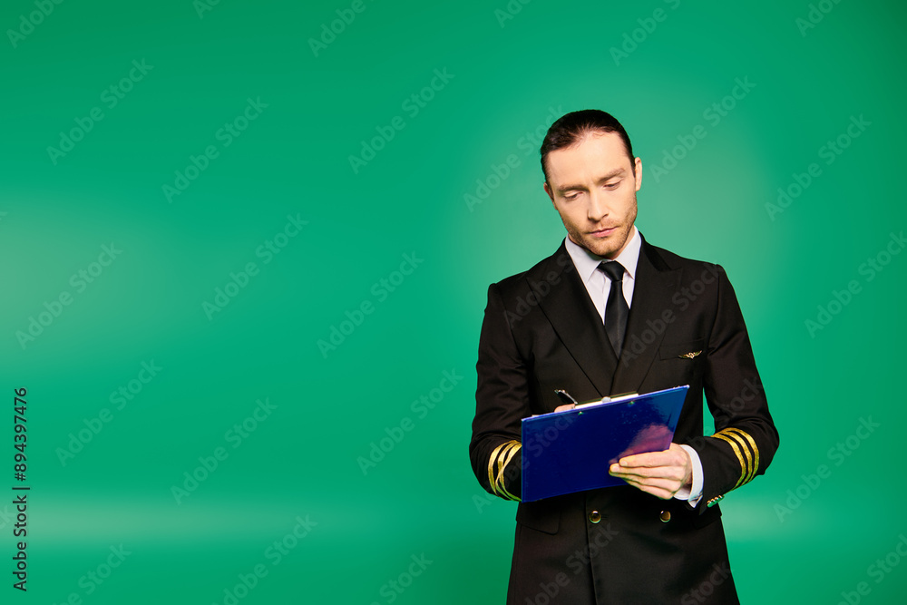A sophisticated man in a suit and tie holds a clipboard. A sophisticated man in a suit and tie holds a clipboard.