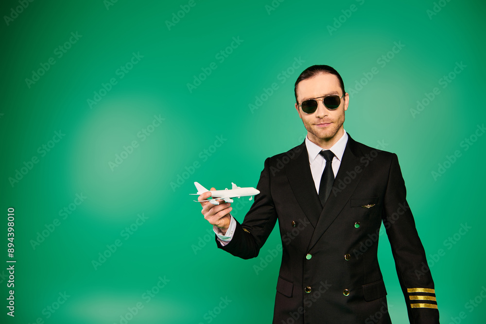 Handsome man in black suit and sunglasses holding model airplane over green backdrop. Handsome man in black suit and sunglasses holding model airplane over green backdrop.