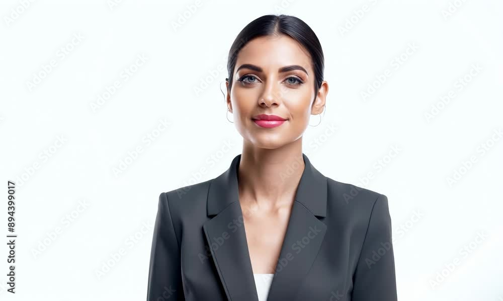 Medium shot portrait video of a satisfied woman in her 30s that is wearing a sleek suit against a white background Medium shot portrait video of a satisfied woman in her 30s that is wearing a sleek suit against a white background