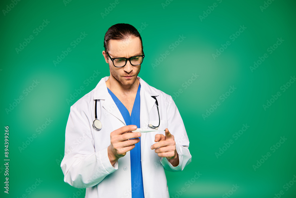 A male doctor in white coat and glasses examines thermometer intently. A male doctor in white coat and glasses examines thermometer intently.