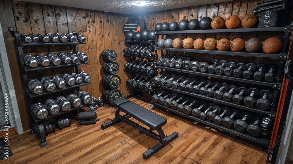 Home Gym with Extensive Dumbbell and Medicine Ball Collection on Wooden Floor Home Gym with Extensive Dumbbell and Medicine Ball Collection on Wooden Floor