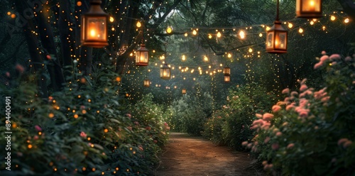 Wallpaper Mural An enchanted garden pathway with hanging lanterns and string lights at dusk creates a magical and inviting atmosphere. Torontodigital.ca