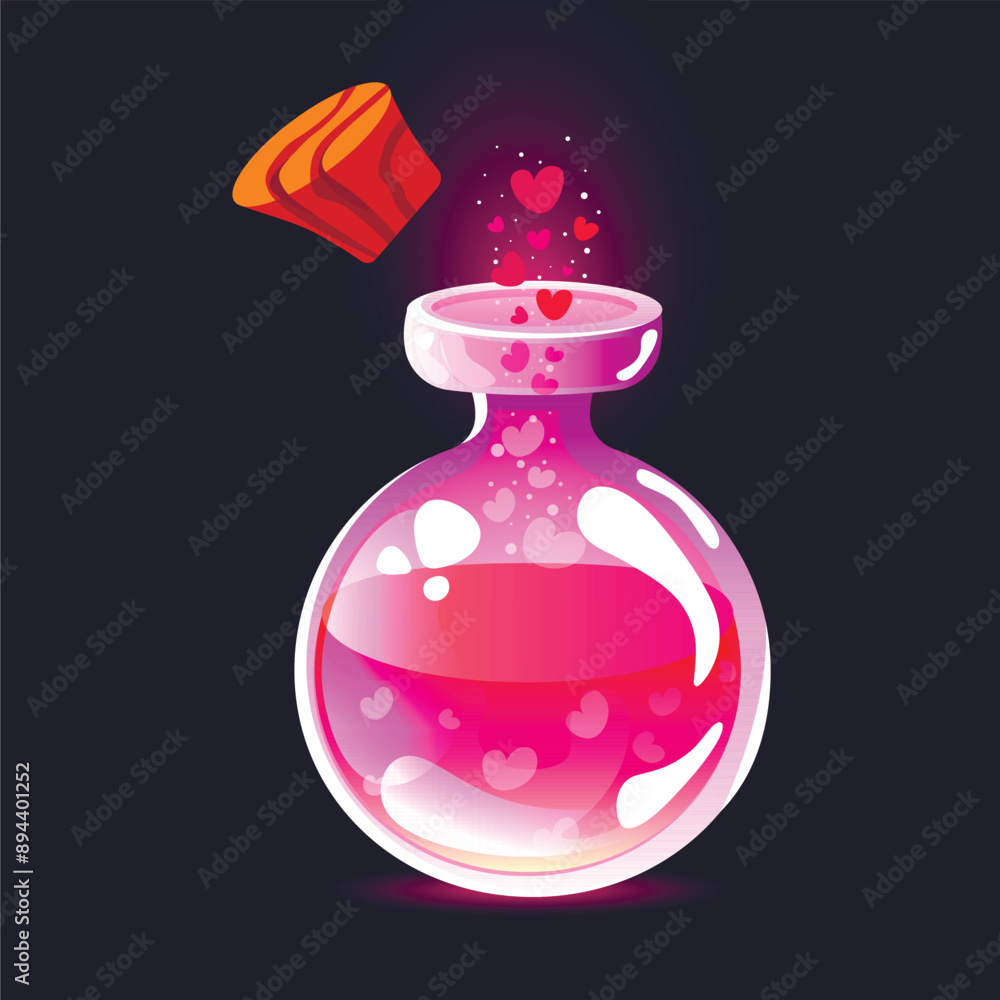 A glass flask with a love potion. A magical potion. A pink love potion in a glass vial. An elixir that glows. A glass flask with a love potion. A magical potion. A pink love potion in a glass vial. An elixir that glows.